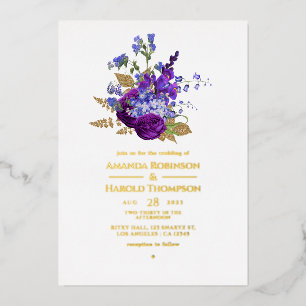 Purple and Gold Vintage Floral Wedding Foil Invit