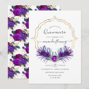 Purple and Gold Vintage Peacock Floral Quinceañera Invitation