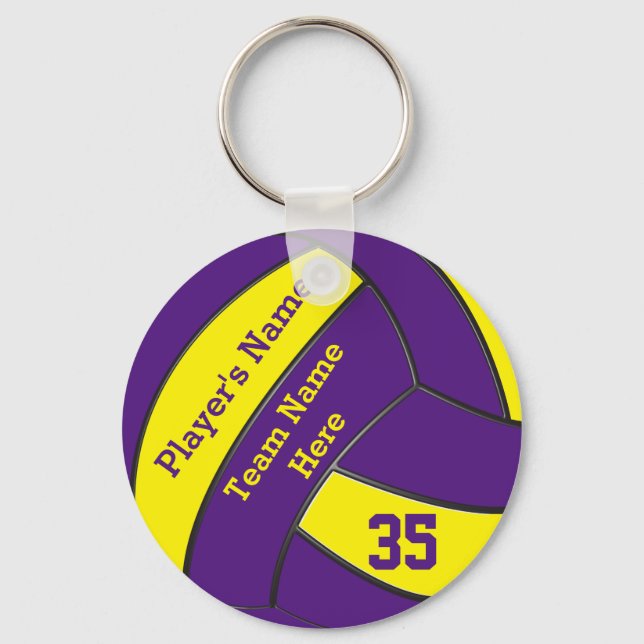 Purple and Gold Volleyball Keychains, PERSONALIZED Key Ring (Front)