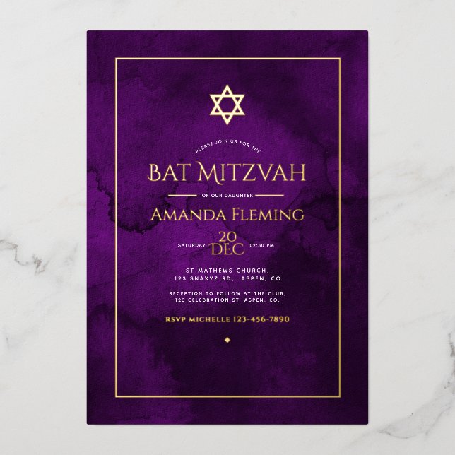 Purple and Gold Watercolor Bat Mitzvah Photo (Front)