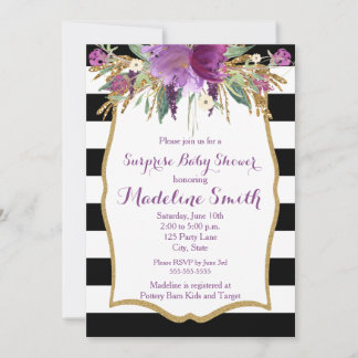 Purple and Gold Watercolor Flowers Baby Shower Invitation