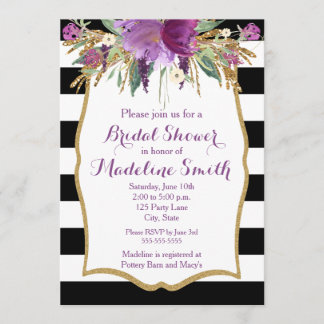 Purple and Gold Watercolor Flowers Bridal Shower Invitation