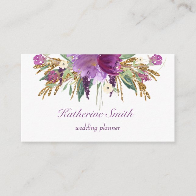 Purple and Gold Watercolor Flowers Business Card (Front)