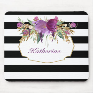 Purple and Gold Watercolor Flowers Personalised Mouse Mat