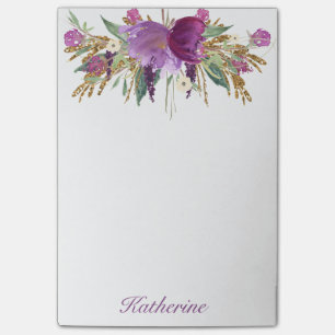 Purple and Gold Watercolor Flowers Post-it Notes