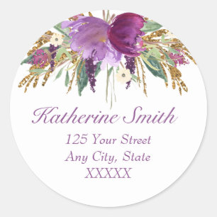 Purple and Gold Watercolor Flowers Return Address Classic Round Sticker