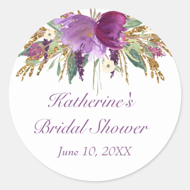Purple and Gold Watercolor Flowers Round Sticker (Front)