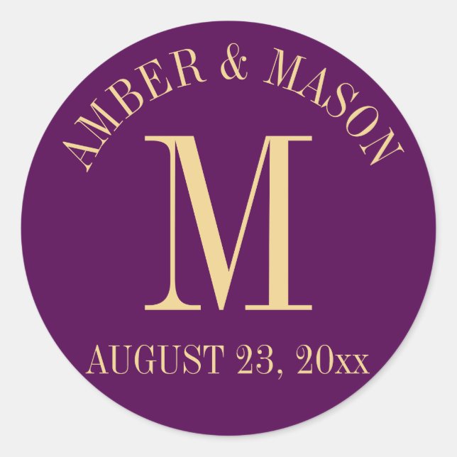 Purple and Gold Wedding Monogram Classic Round Sticker (Front)