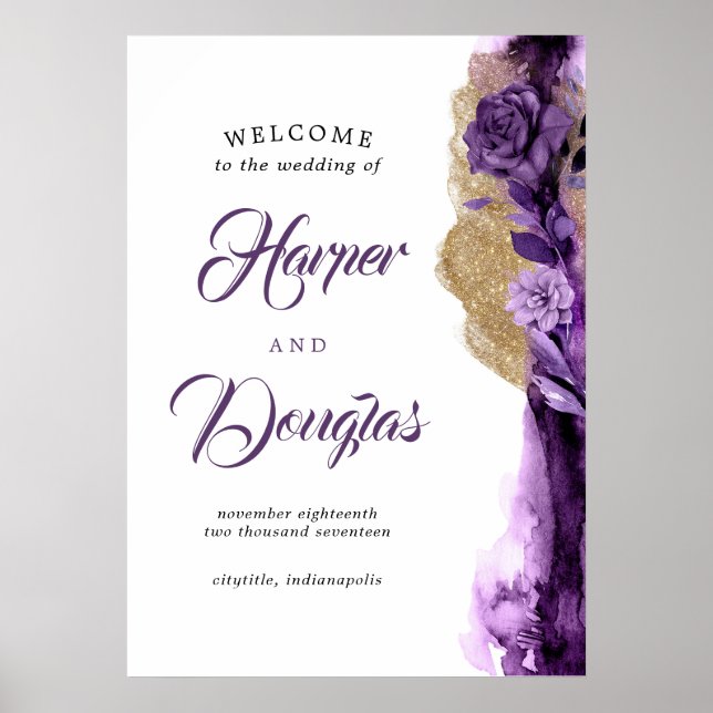 Purple and Gold Wedding Welcome Sign (Front)