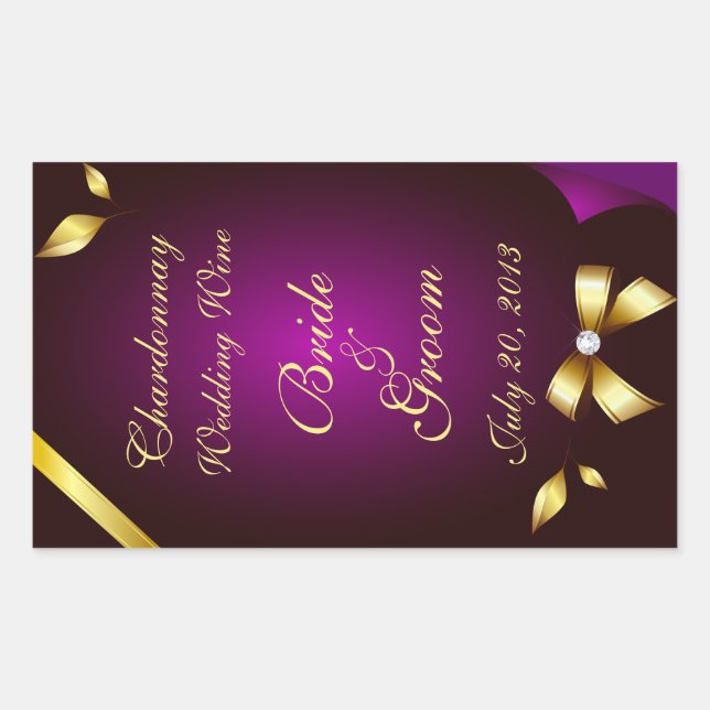 Purple and Gold Wedding Wine Label Sticker (Front)