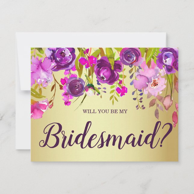 Purple and Gold Will You Be My Bridesmaid Card (Front)