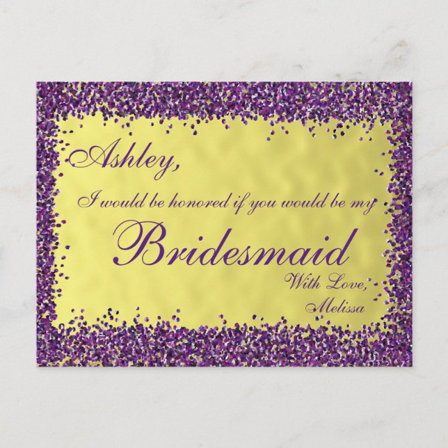 Purple and Gold - Will You Be My Bridesmaid? Invitation Postcard (Front)