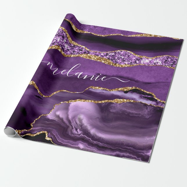 Purple and Gold Wrapping Paper Personalised Name (Unrolled)