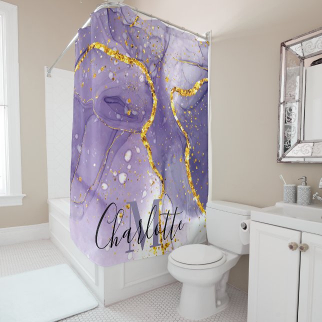Purple and Golden Marble Shower Curtain (In Situ)