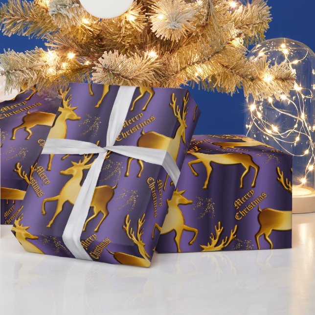 Purple and Golden Reindeer Merry Christmas  Wrapping Paper (Holidays)