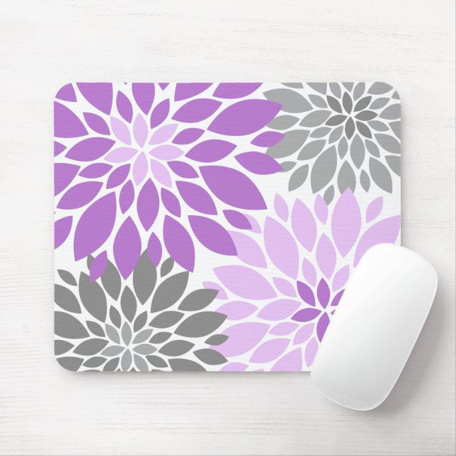 Purple and Gray Chrysanthemums Floral Pattern Mouse Mat (With Mouse)