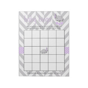 Purple and Gray Elephant Baby Shower Bingo Game Notepad