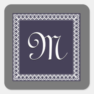 PURPLE and GRAY Ornate Monogram Square Sticker