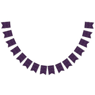 purple and gray pattern of birds, dots, footsteps, bunting