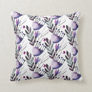 Purple and Gray Watercolor Flowers Pattern Cushion