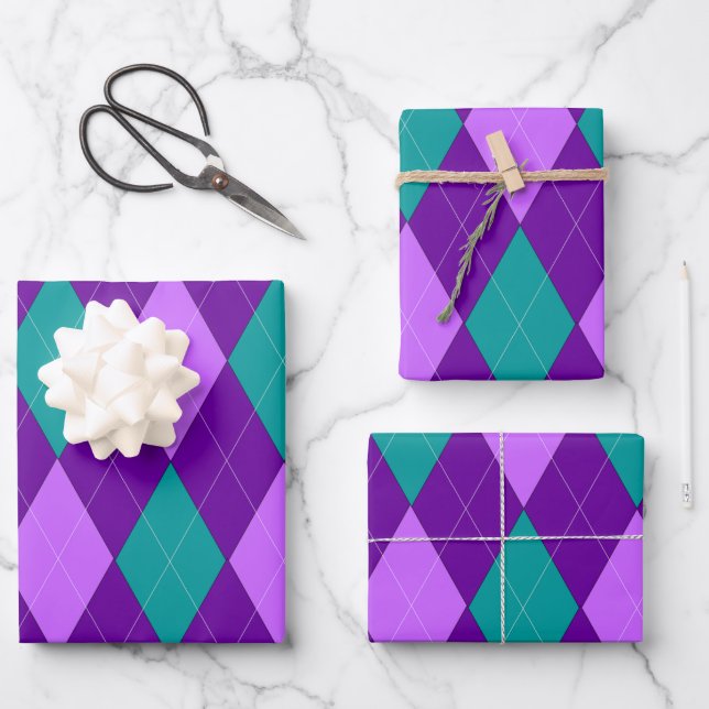 Purple and Green Argyle Wrapping Paper Sheets (Front)