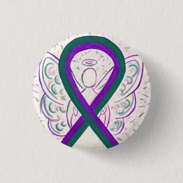 Purple and Green Awareness Ribbon Angel Button Pin (Front)