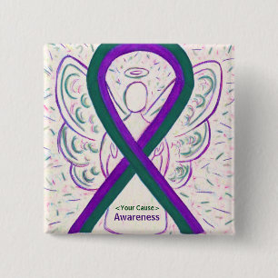 Purple and Green Awareness Ribbon Angel Button Pin