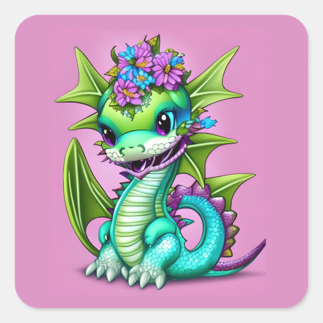 Purple and Green Baby Dragon Poster Square Sticker (Front)