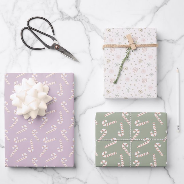 Purple and Green Candy Canes Snowflakes Christmas Wrapping Paper Sheet (Front)