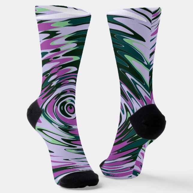 Purple and Green Crew Socks with Abstract Swirls (Angled)
