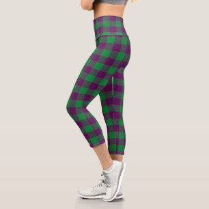 Purple and Green Crosshatch Chequered Pattern Capri Leggings