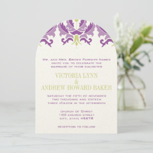 Purple and Green Damask Wedding Invitation