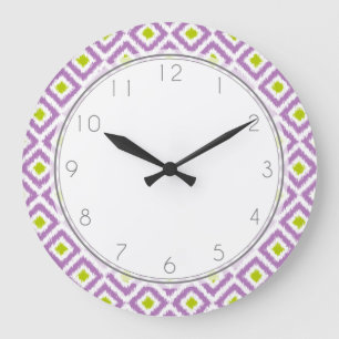 Purple and Green Diamond Ikat Pattern Large Clock