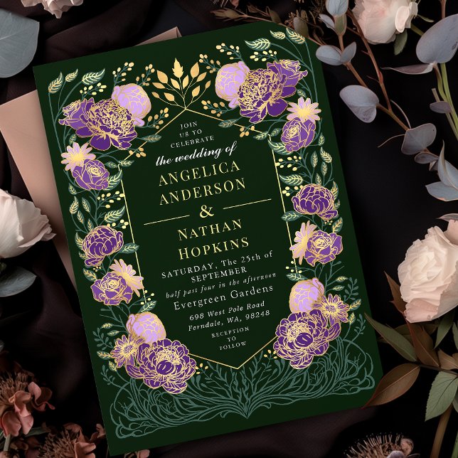 Purple and Green Enchanted Floral Garden Wedding Invitation (Creator Uploaded)