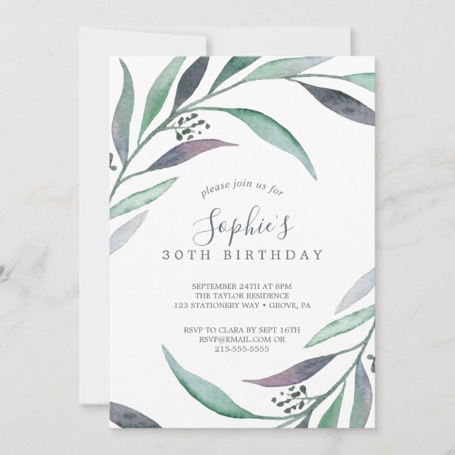 Purple and Green Eucalyptus 30th Birthday Invitation (Front)