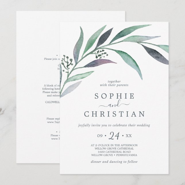 Purple and Green Eucalyptus All In One Wedding Invitation (Front/Back)