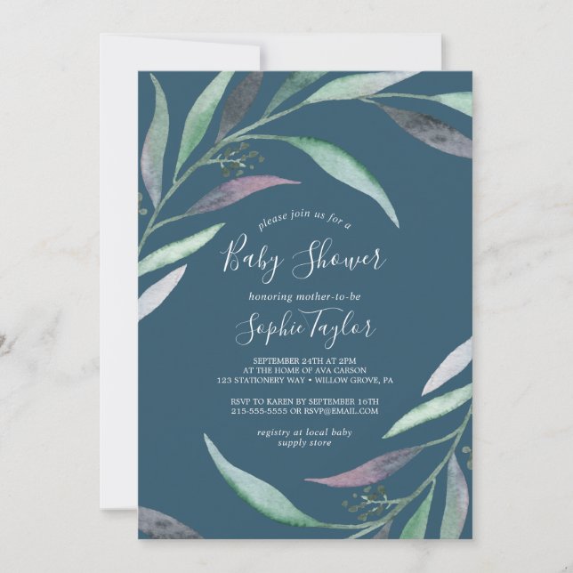 Purple and Green Eucalyptus | Blue Baby Shower Invitation (Front)
