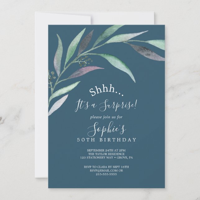 Purple and Green Eucalyptus | Blue Surprise Party Invitation (Front)