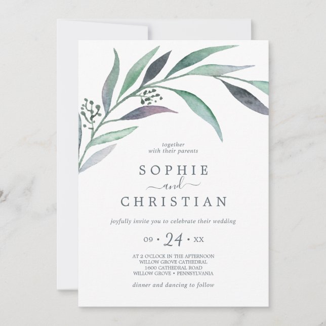 Purple and Green Eucalyptus Casual Wedding Invitation (Front)