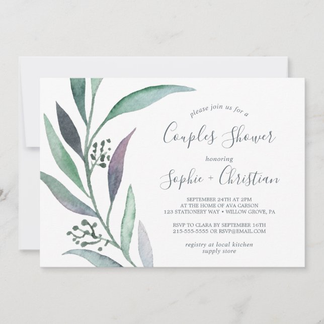 Purple and Green Eucalyptus Couples Shower Invitation (Front)