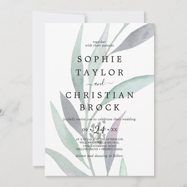 Purple and Green Eucalyptus Faded Foliage Wedding Invitation (Front)