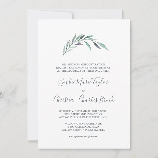 Purple and Green Eucalyptus Formal Wedding Invitation (Front)