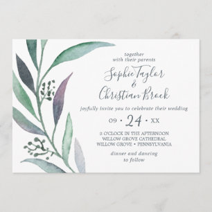 Purple and Green Eucalyptus Horizontal Wedding Invitation