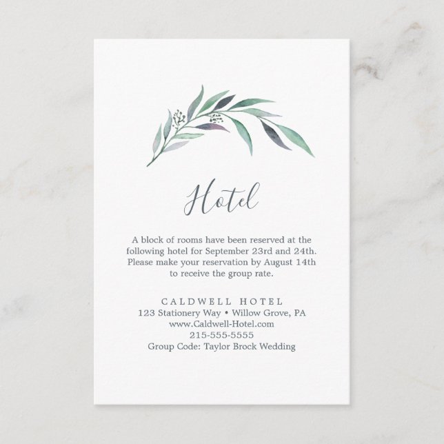 Purple and Green Eucalyptus Hotel Enclosure Card (Front)