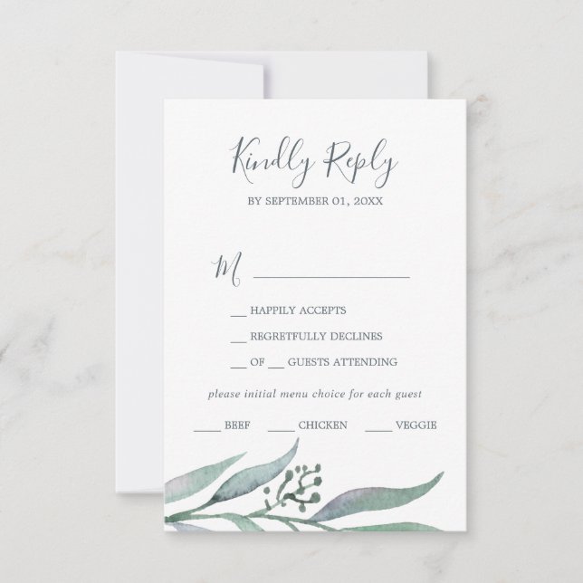 Purple and Green Eucalyptus Menu Choice RSVP Card (Front)