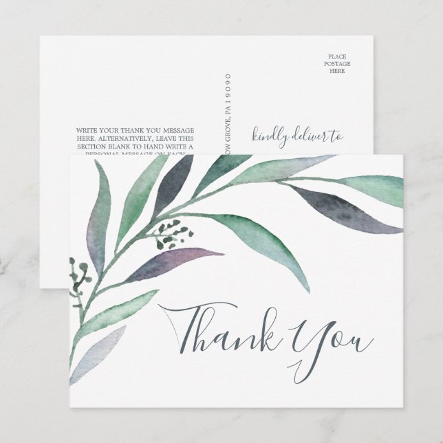 Purple and Green Eucalyptus Thank You Postcard (Front/Back)