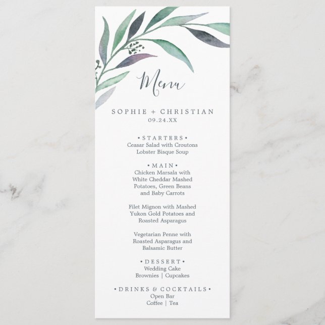 Purple and Green Eucalyptus Wedding Dinner Menu (Front)