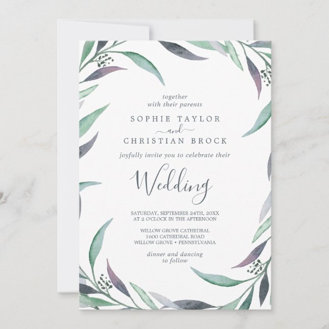 Purple and Green Eucalyptus Wedding Invitation (Front)