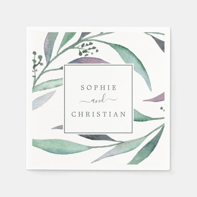 Purple and Green Eucalyptus Wedding Napkin (Front)