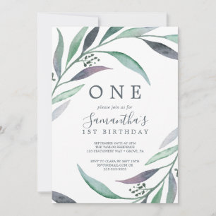 Purple and Green Eucalyptus Wreath First Birthday Invitation